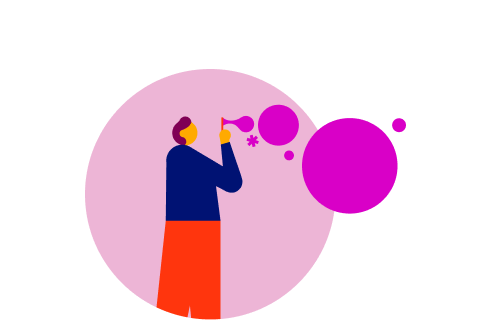 Figure with telescope looking toward bright shapes representing vision and innovation