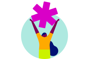 Celebratory figure with raised arms holding magenta star representing making a positive impact