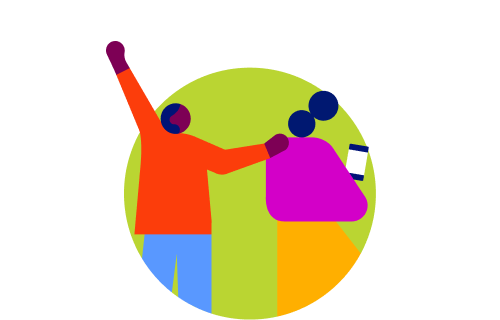 Collaborative celebration with figures in vibrant colors representing teamwork and winning together
